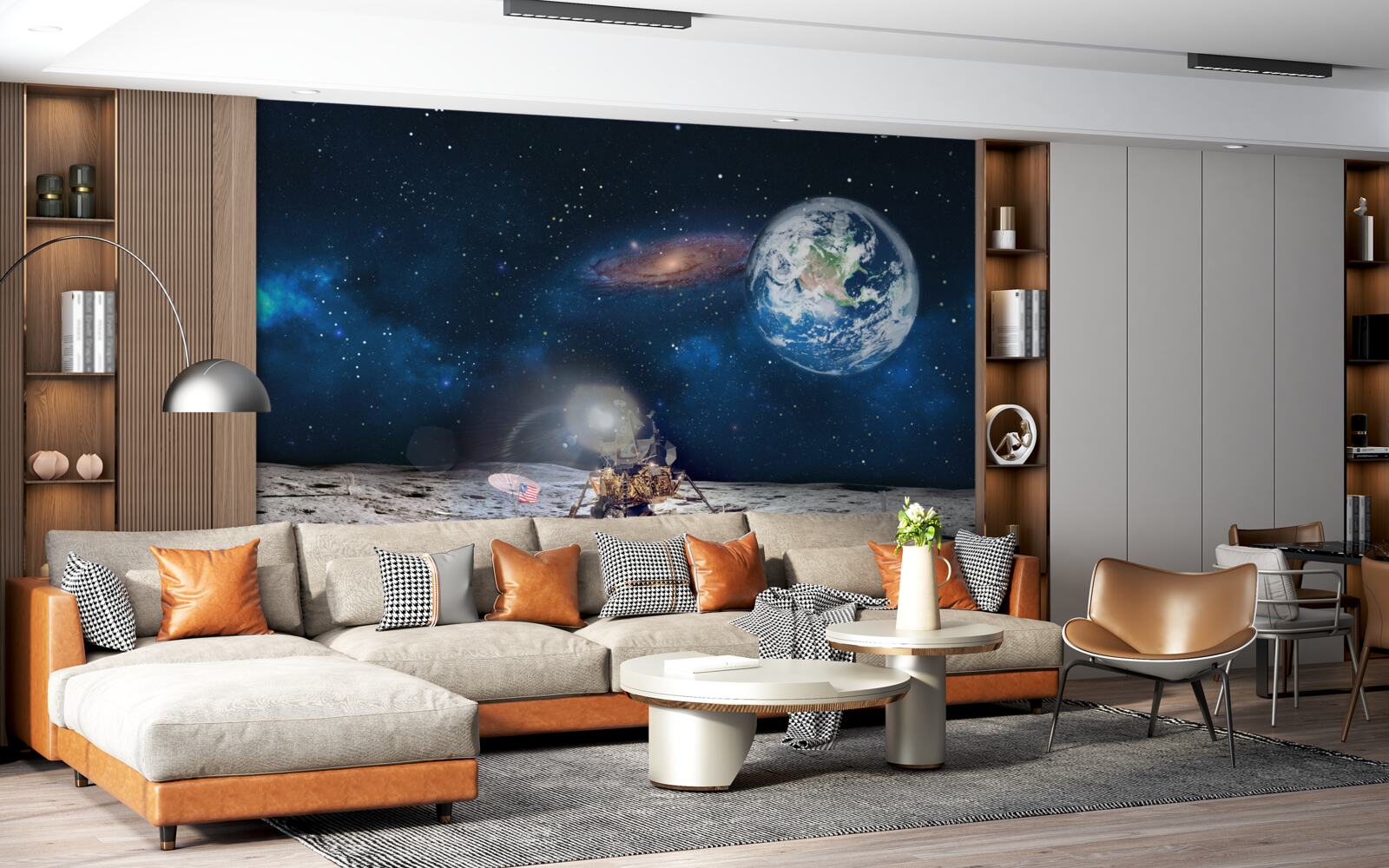 Fototapet vedere a pământului din perspectiva cosmică a lunii cu elemente futuriste