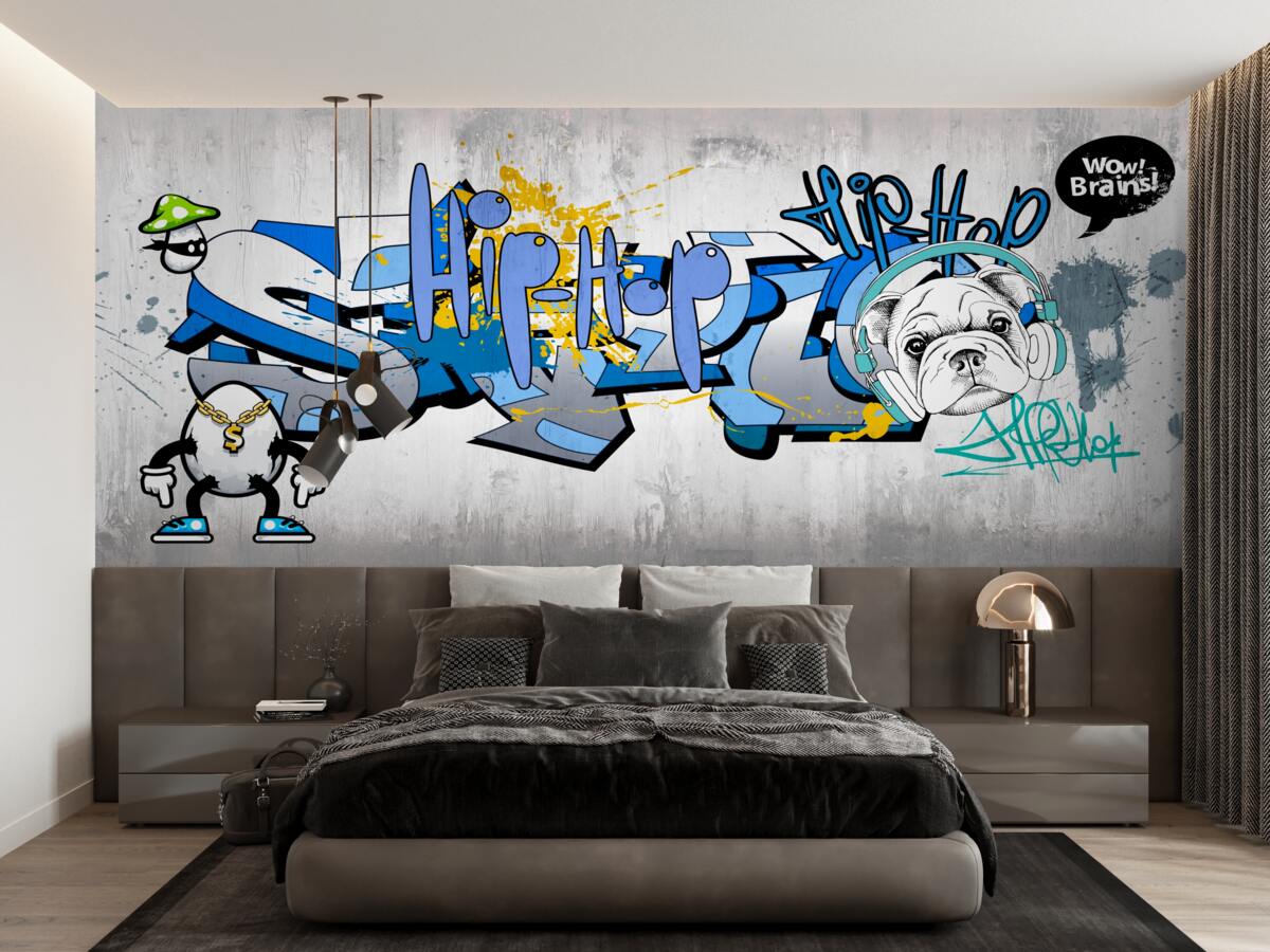 Fototapet graffiti pe un perete cu o imagine a unui câine care poartă căști