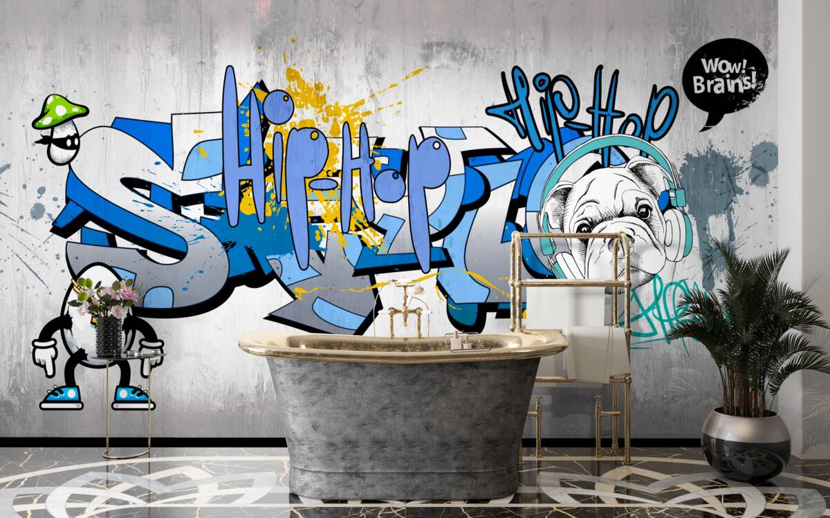 Fototapet graffiti pe un perete cu o imagine a unui câine care poartă căști