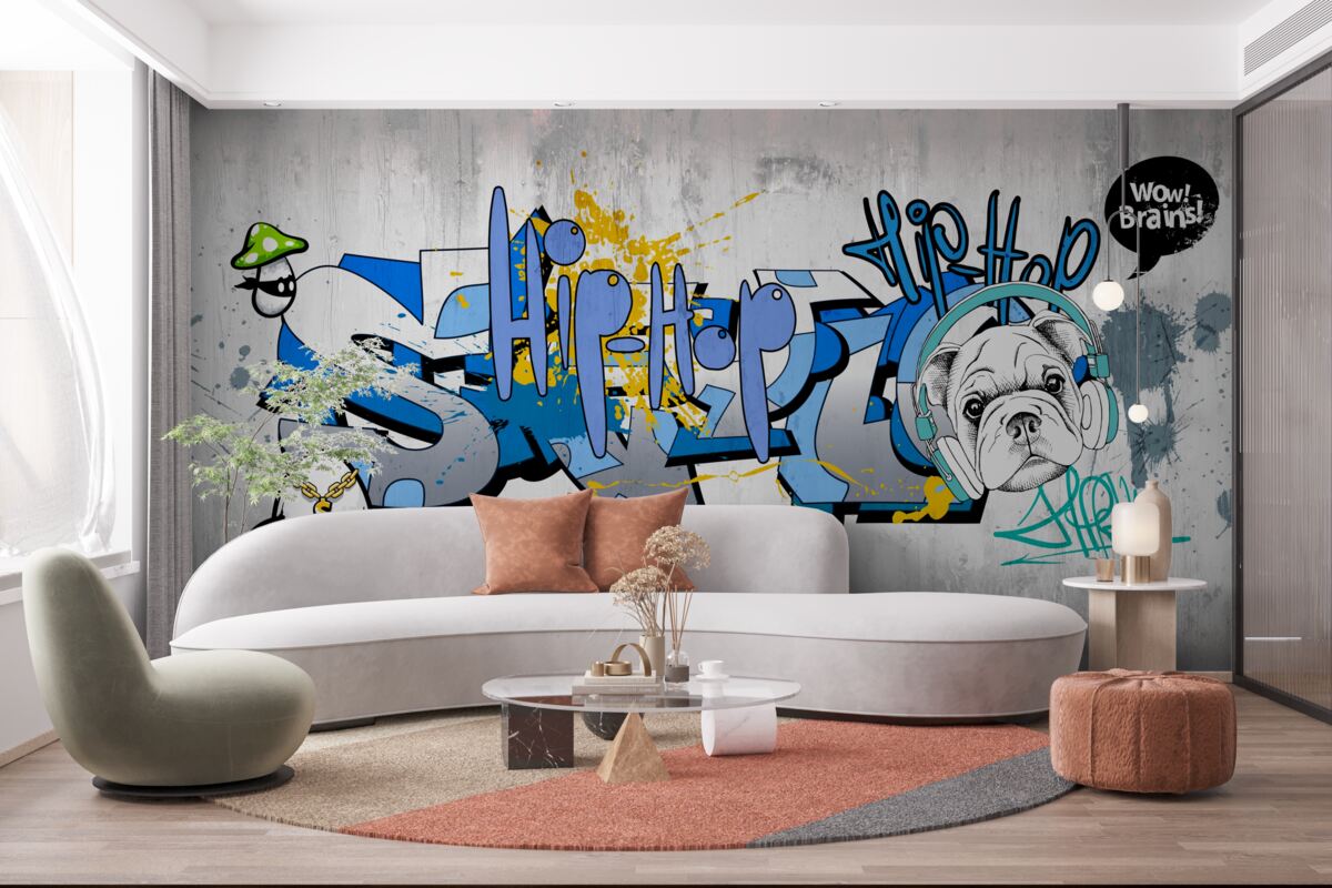 Fototapet graffiti pe un perete cu o imagine a unui câine care poartă căști