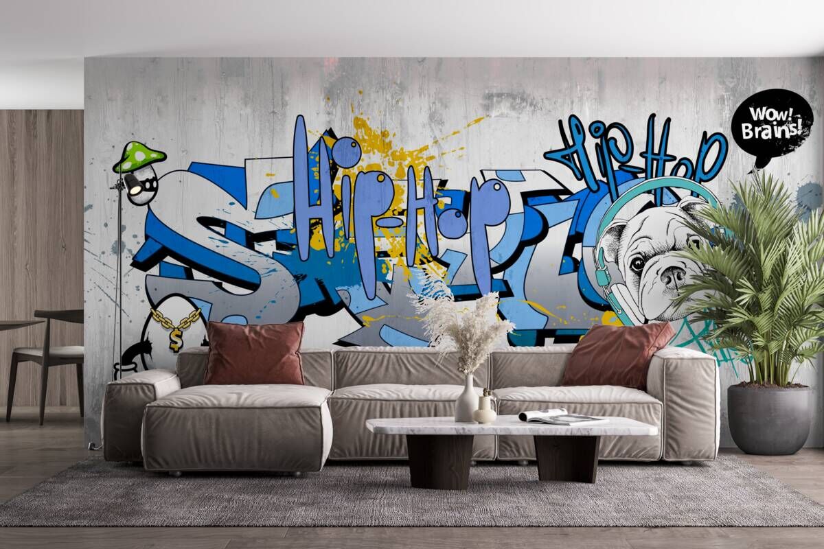 Fototapet graffiti pe un perete cu o imagine a unui câine care poartă căști