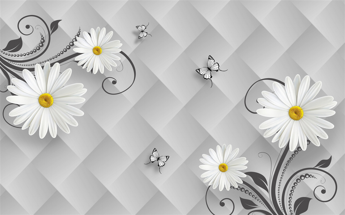 Fototapet fundal abstract decorat cu margarete albe și fluturi