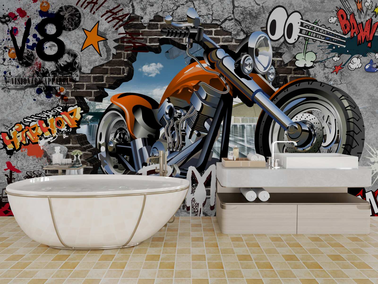 Fototapet motocicletă descrisă pe graffiti