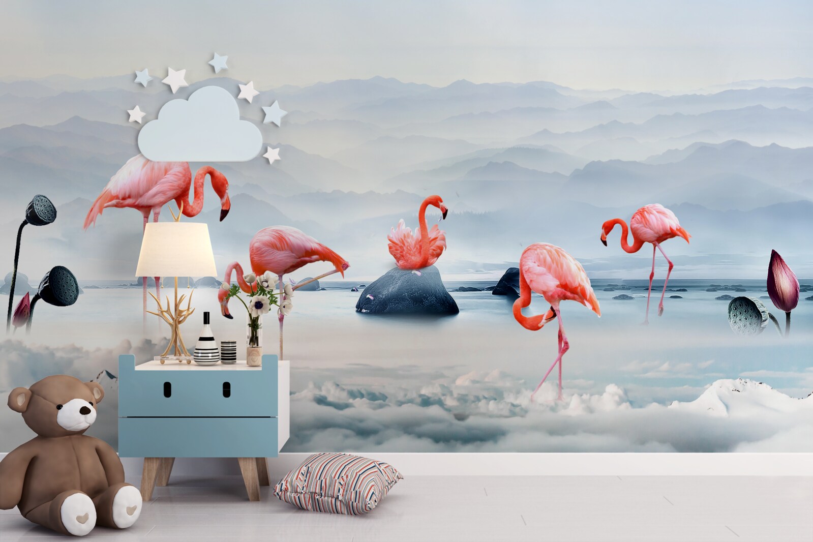 Fototapet flamingo roz printre nori