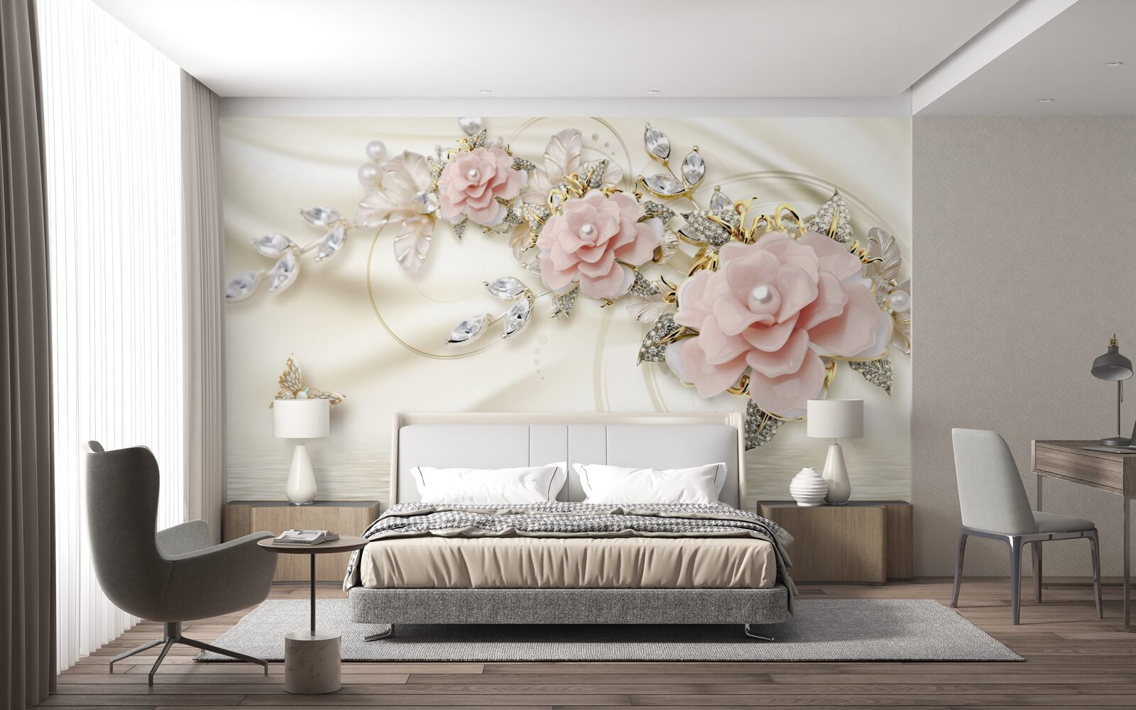 Fototapet deasupra apei atârnă o creangă cu flori roz, decorată cu perle