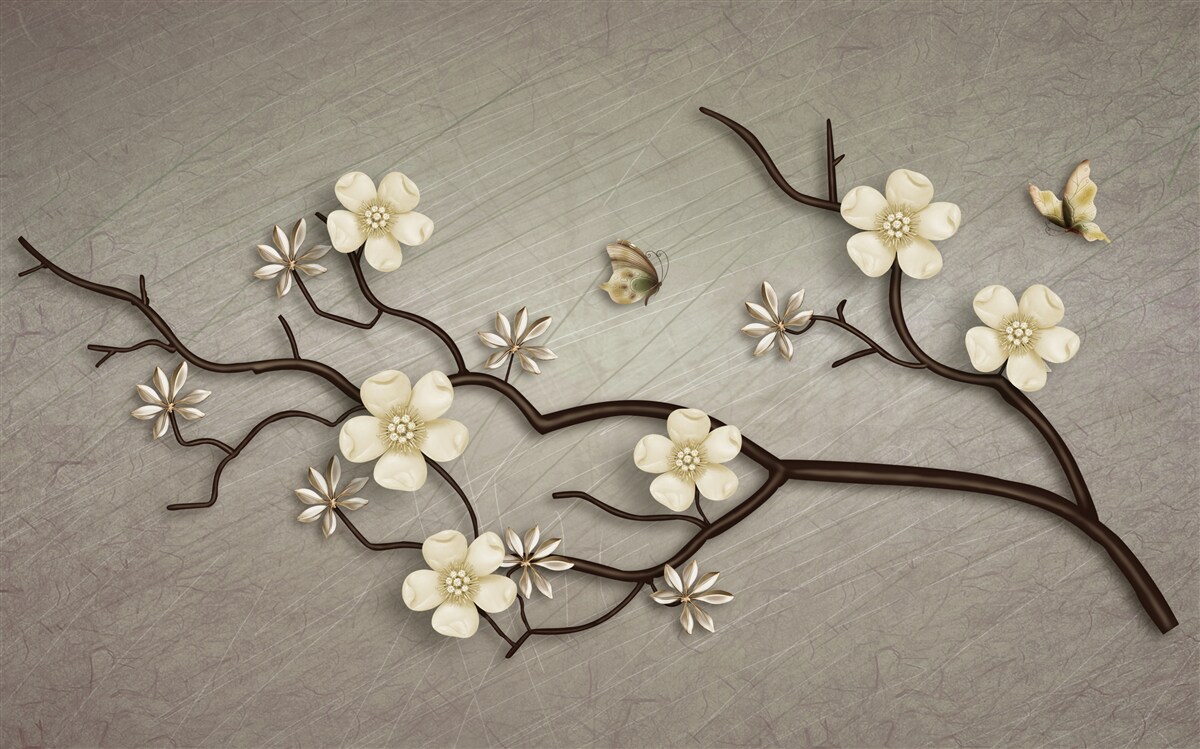 Fototapet ramură de magnolie înflorită cu flori albe
