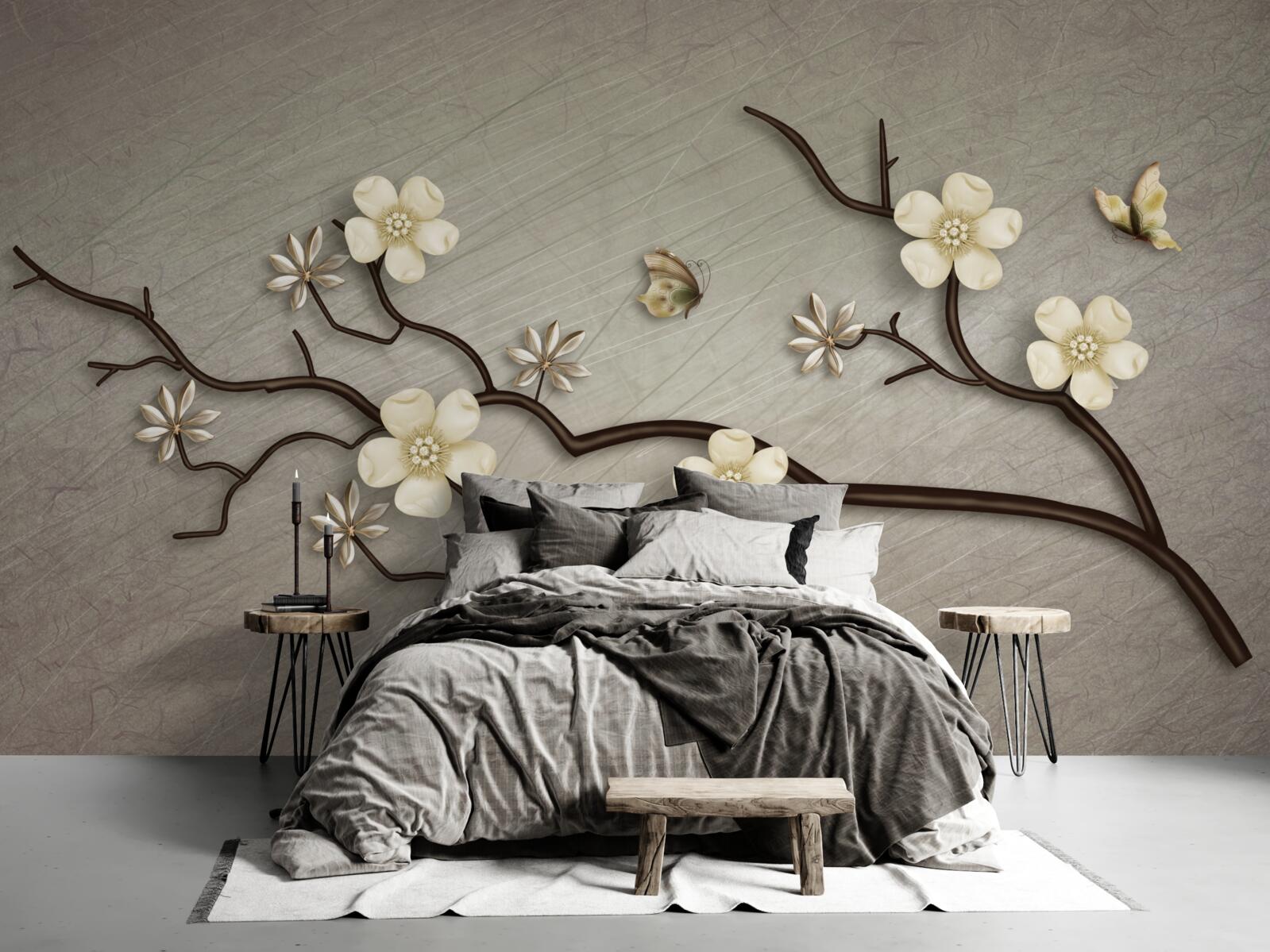 Fototapet ramură de magnolie înflorită cu flori albe