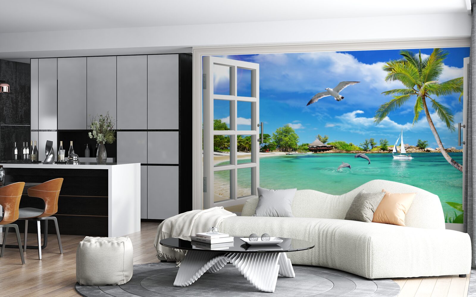 Fototapeta okna z niezakłóconym widokiem na piaszczystą plażę i wodę