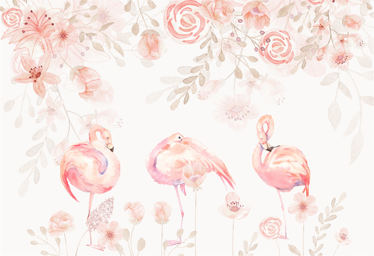 Fototapet flamingo roz și flori