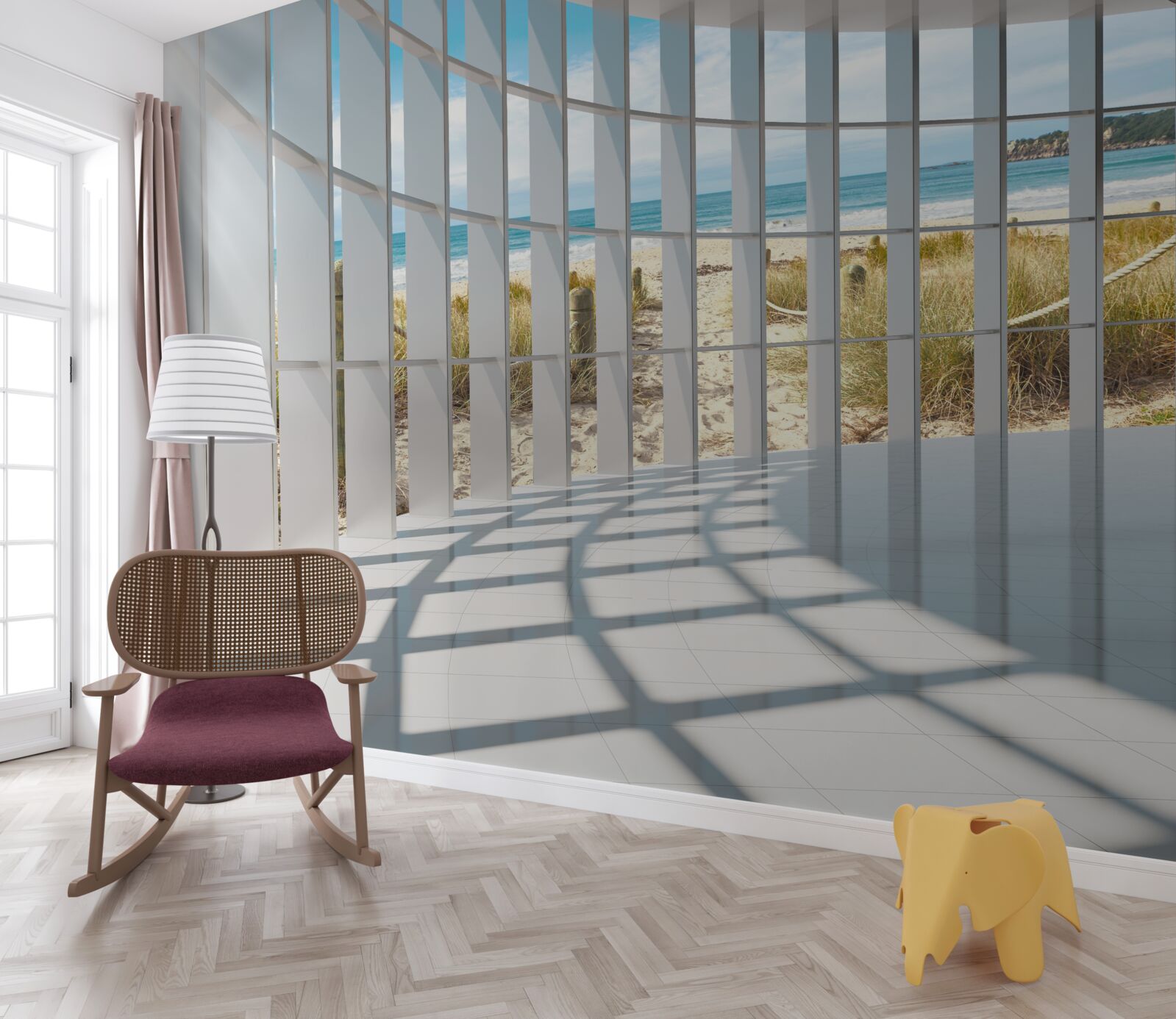 Fototapet iluminat 3d și elemente naturale de decorare a pereților