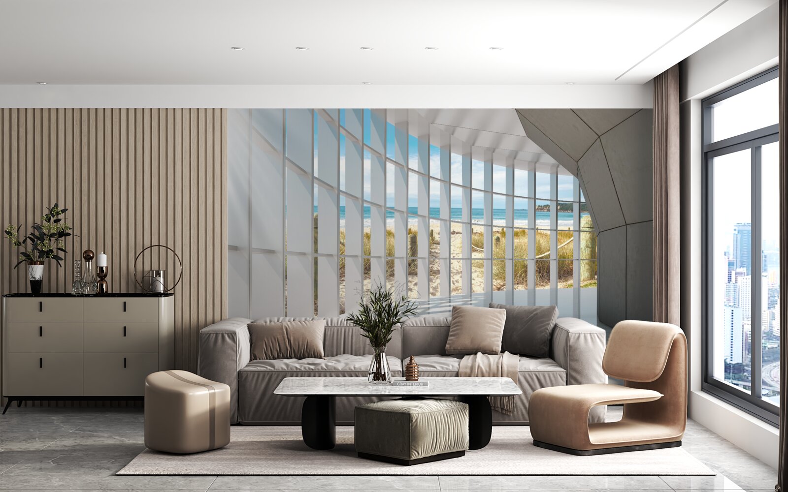 Fototapet iluminat 3d și elemente naturale de decorare a pereților