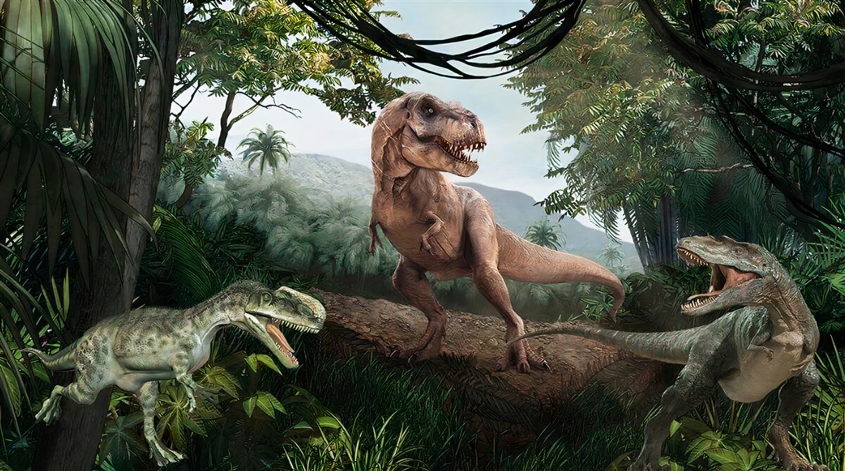 Fototapet velociraptor, zori și șopârlă preistorică