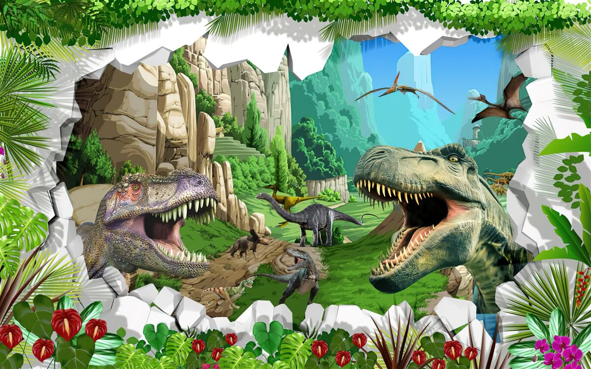 Fototapet munți și dinozauri