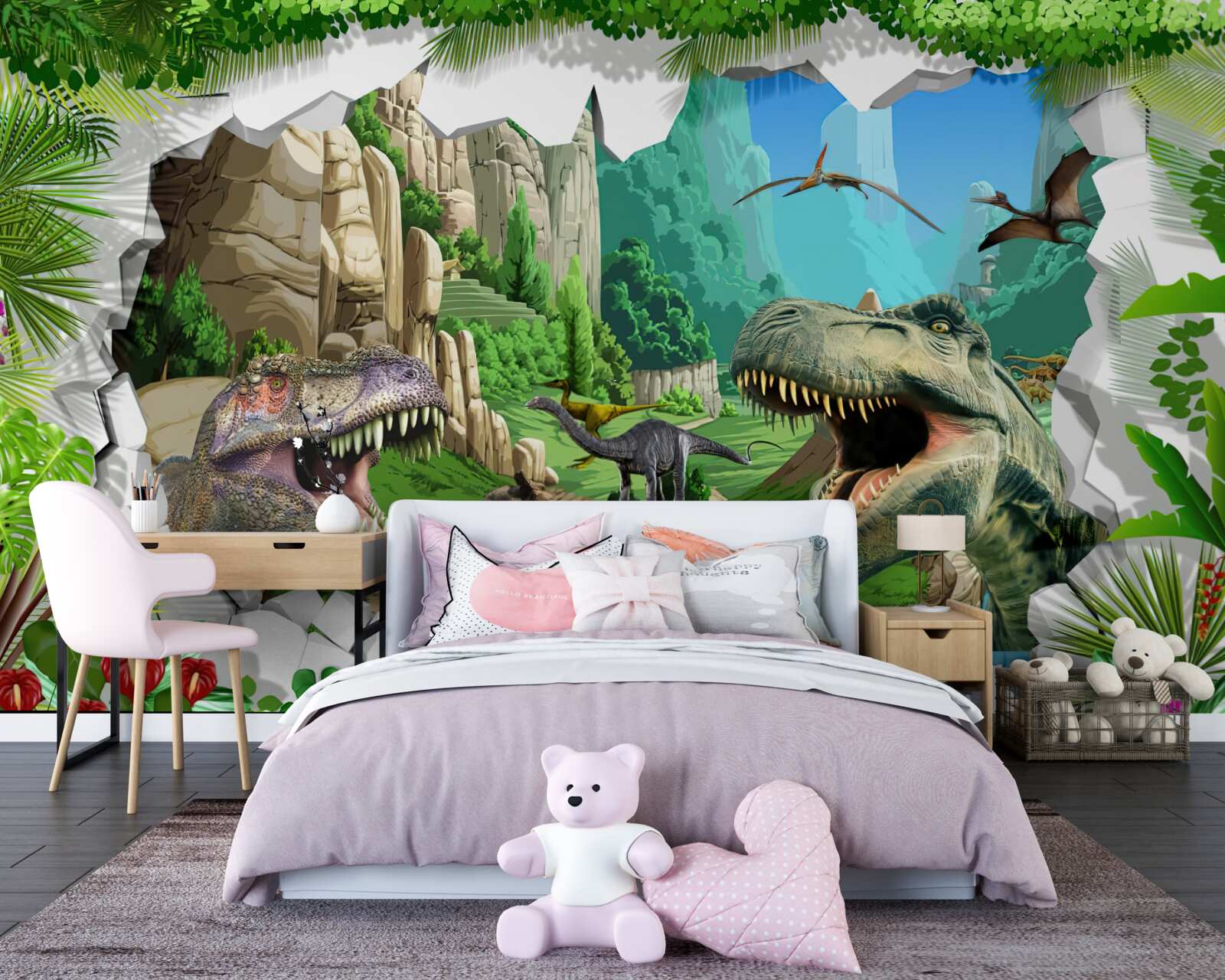Fototapet munți și dinozauri
