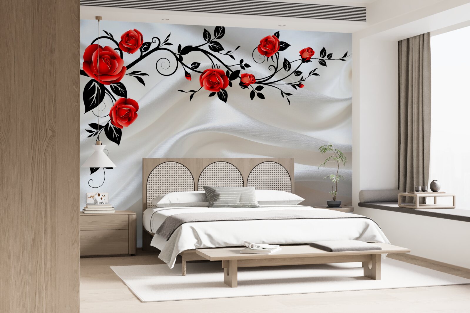 Fototapet satinul este decorat cu trandafiri