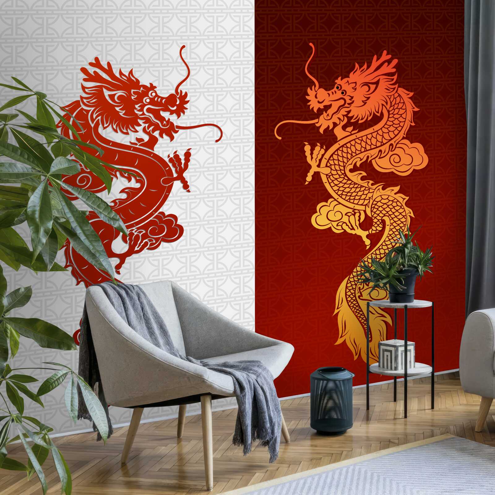 Fototapet imagine a unui dragon pe un fundal alb și roșu