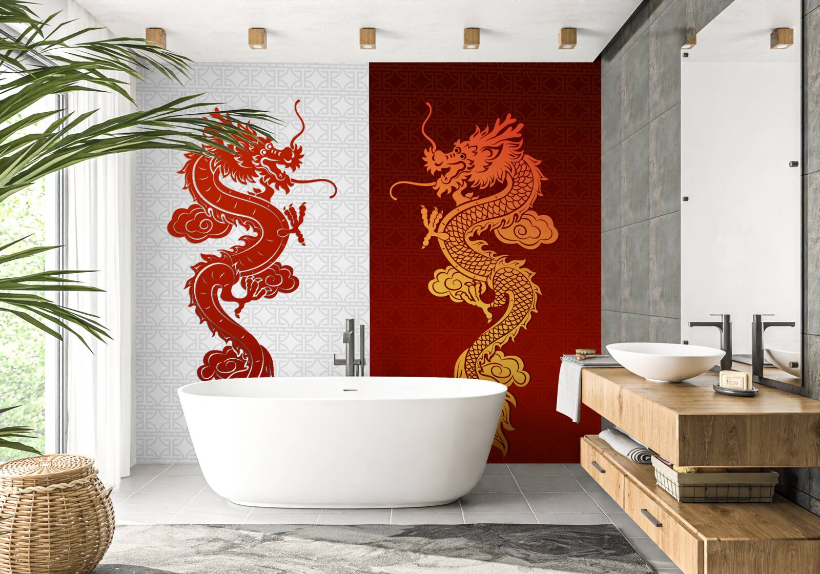 Fototapet imagine a unui dragon pe un fundal alb și roșu
