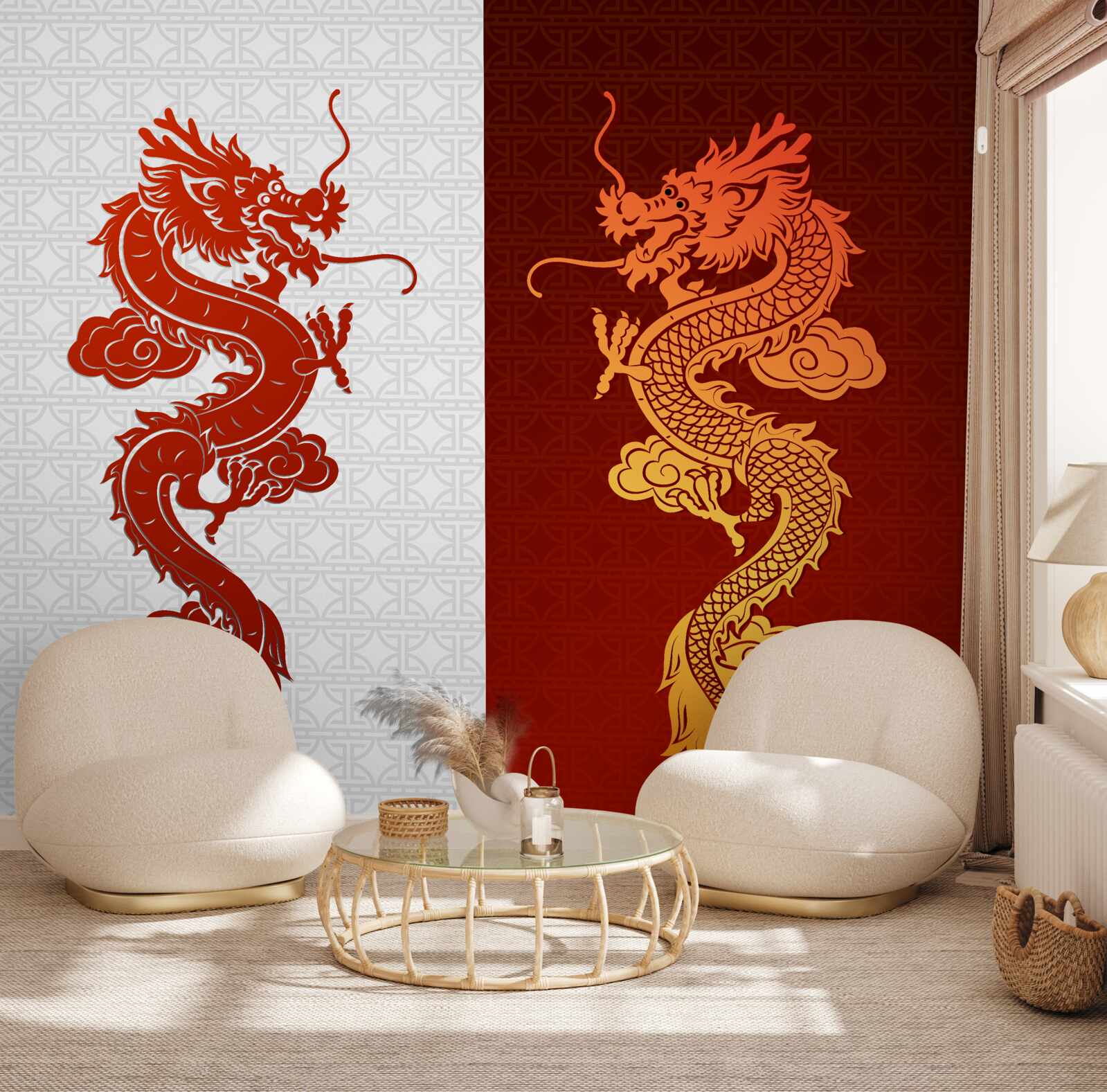 Fototapet imagine a unui dragon pe un fundal alb și roșu