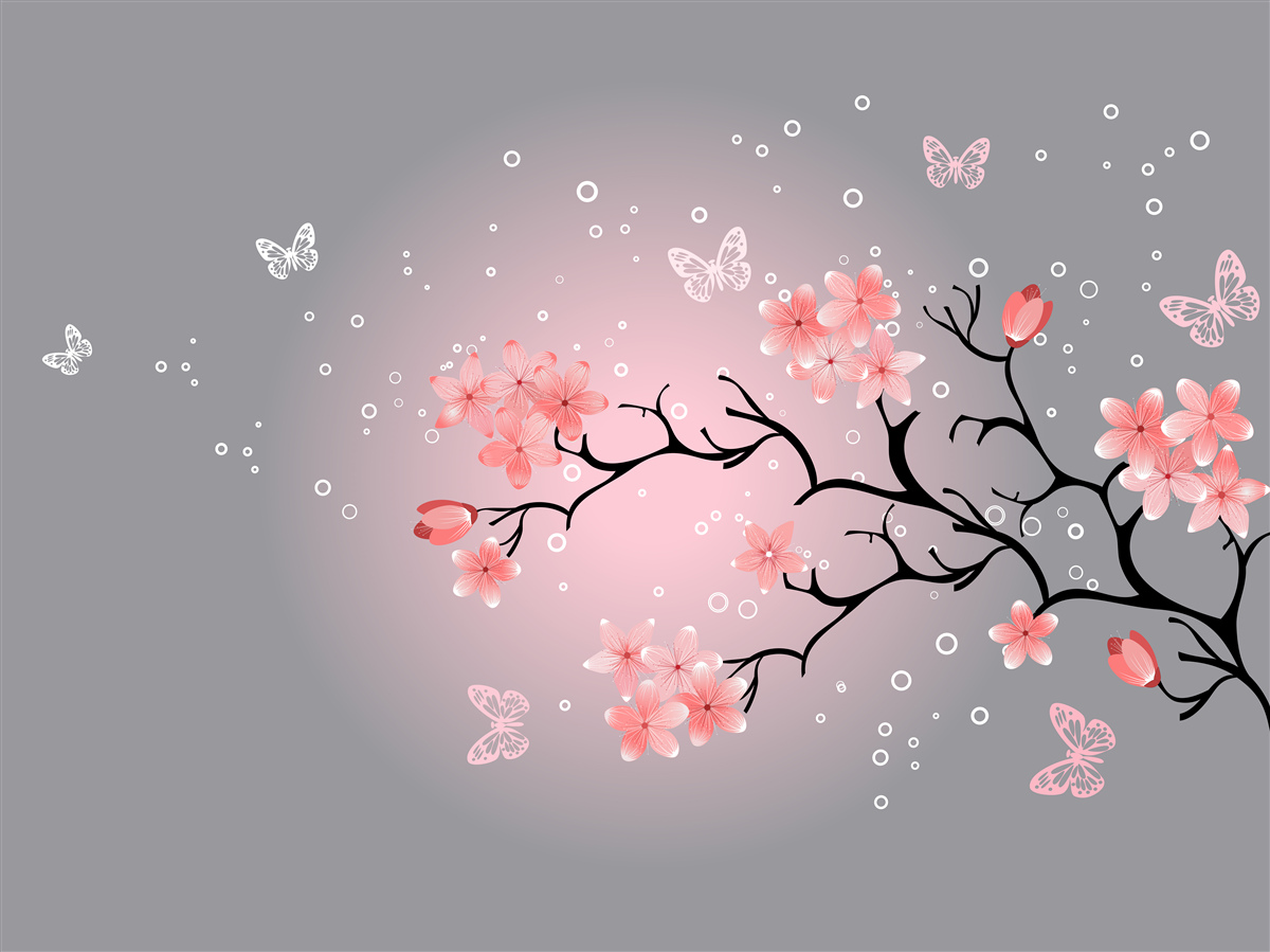 Fototapet fluturi zboară peste un sakura roz