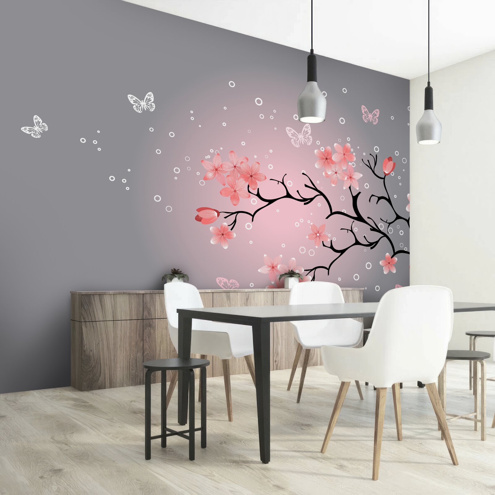 Fototapet fluturi zboară peste un sakura roz