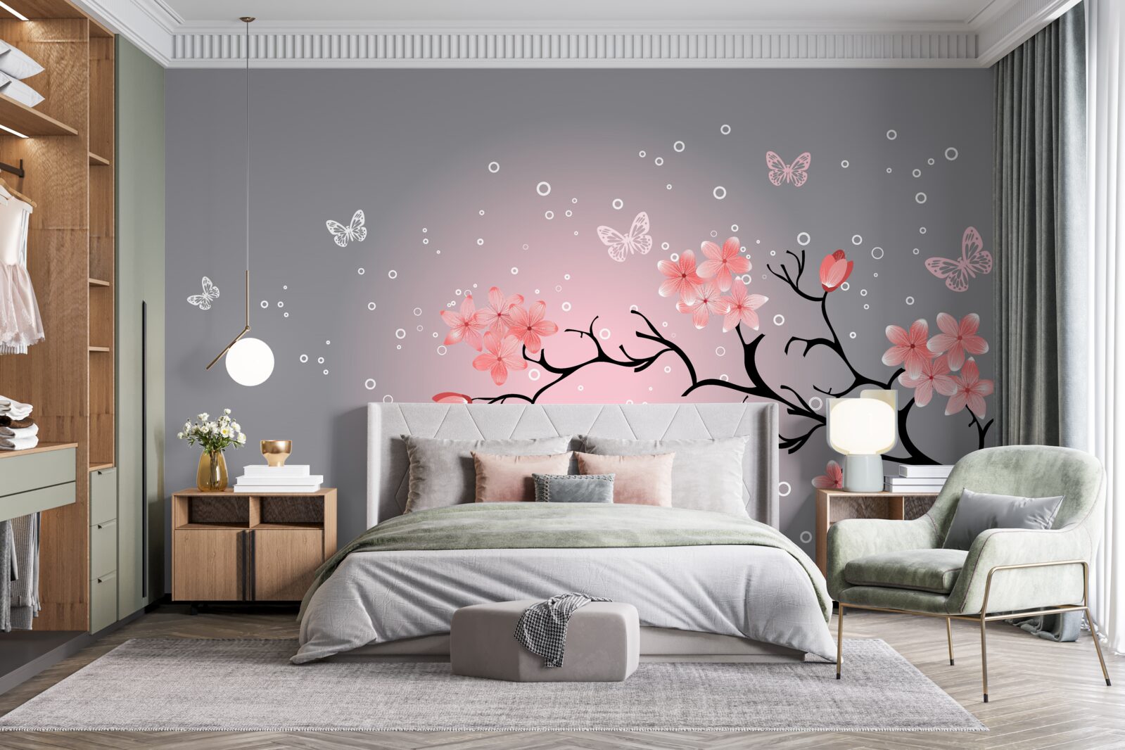Fototapet fluturi zboară peste un sakura roz