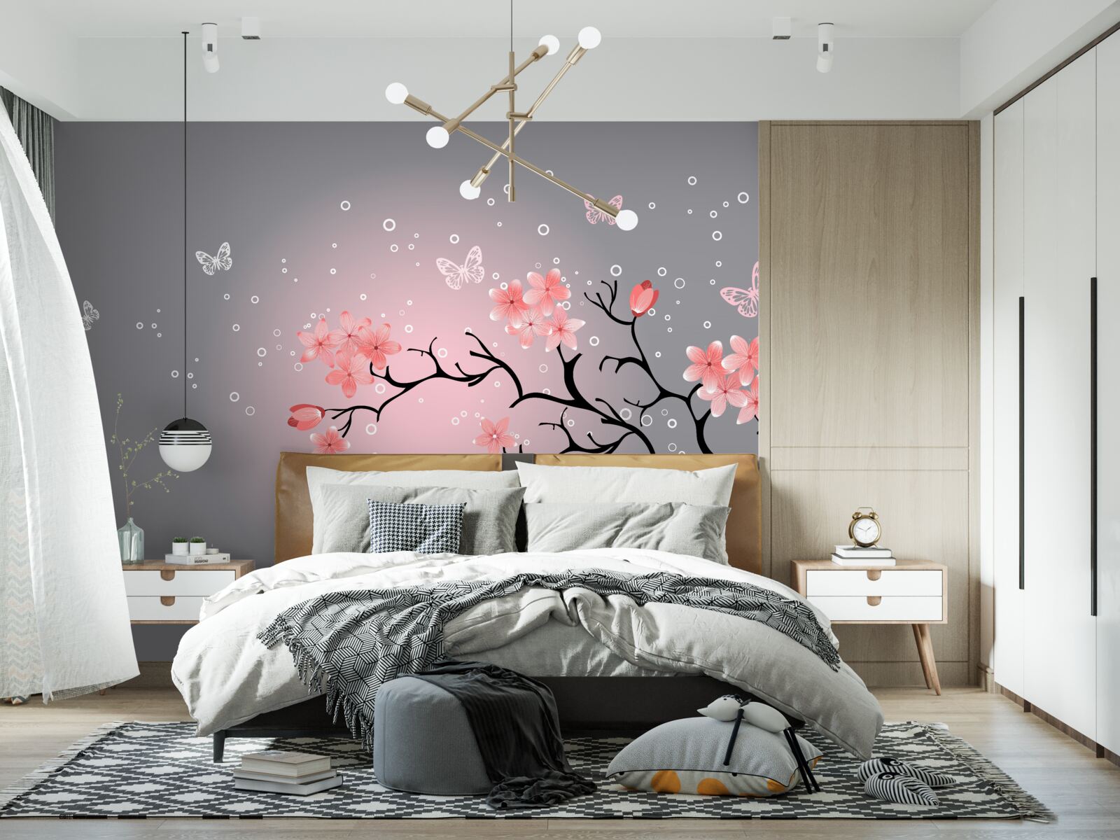 Fototapet fluturi zboară peste un sakura roz
