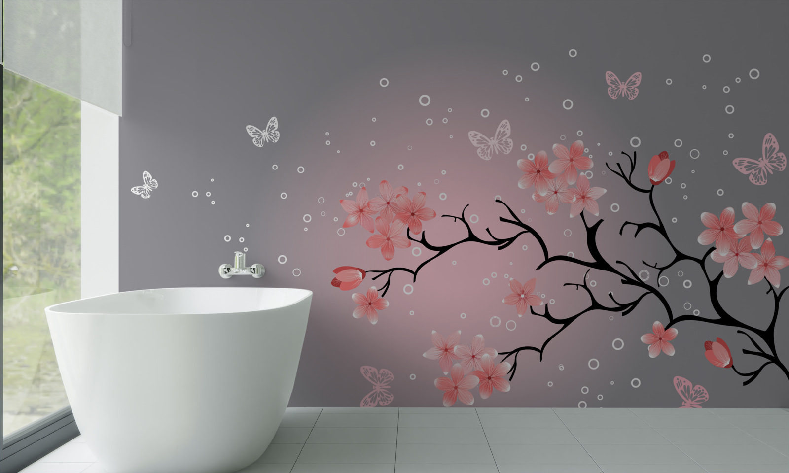 Fototapet fluturi zboară peste un sakura roz