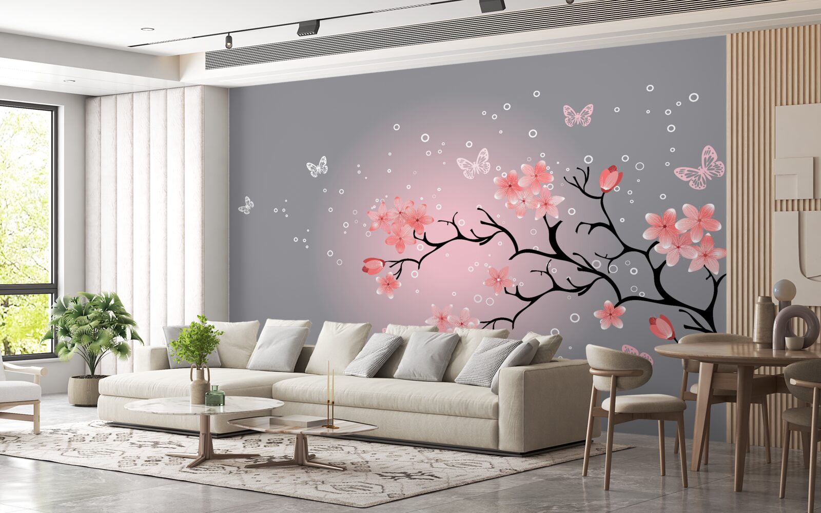 Fototapet fluturi zboară peste un sakura roz