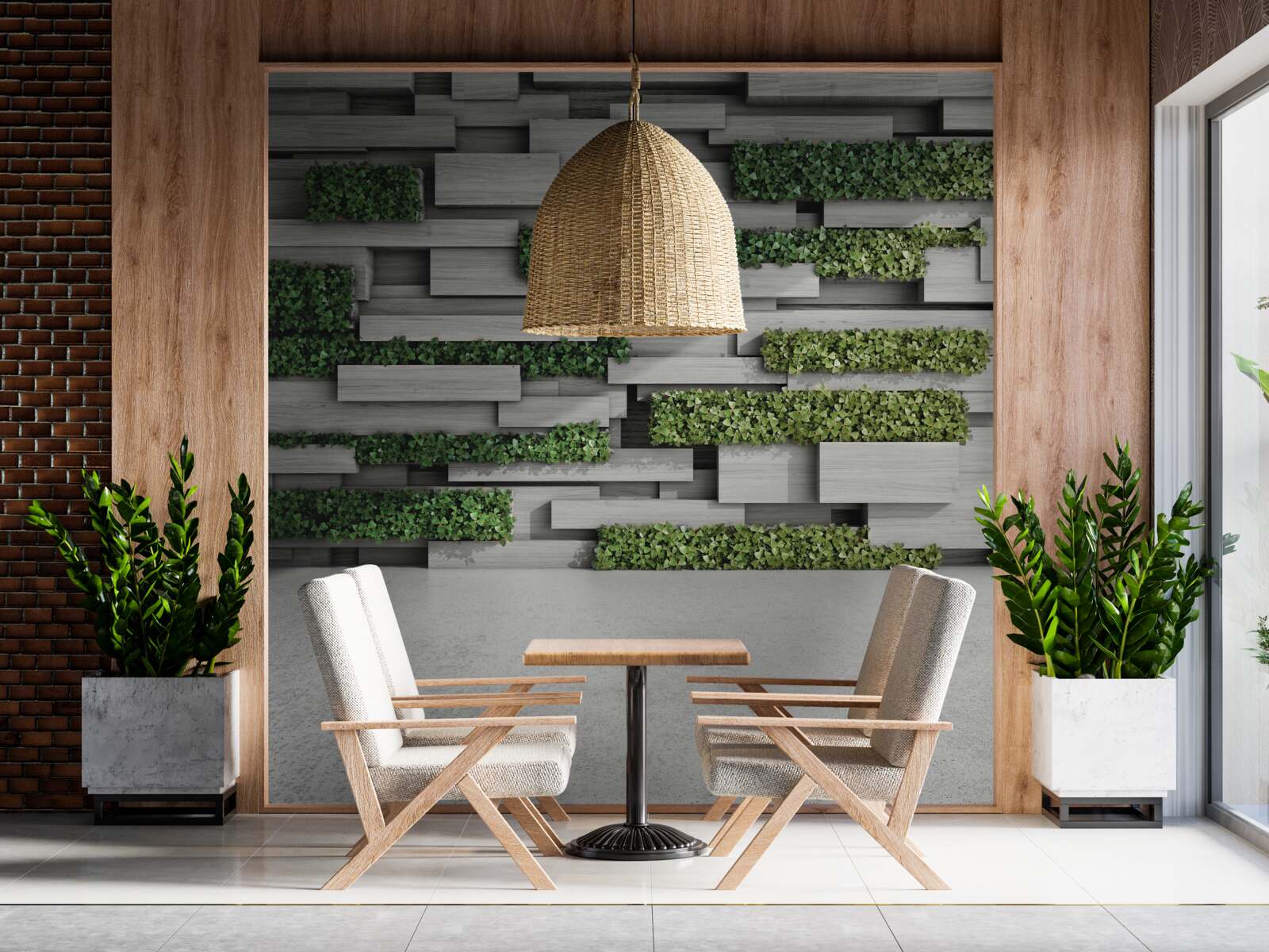 Fototapet perete de piatră decorat cu plante verzi