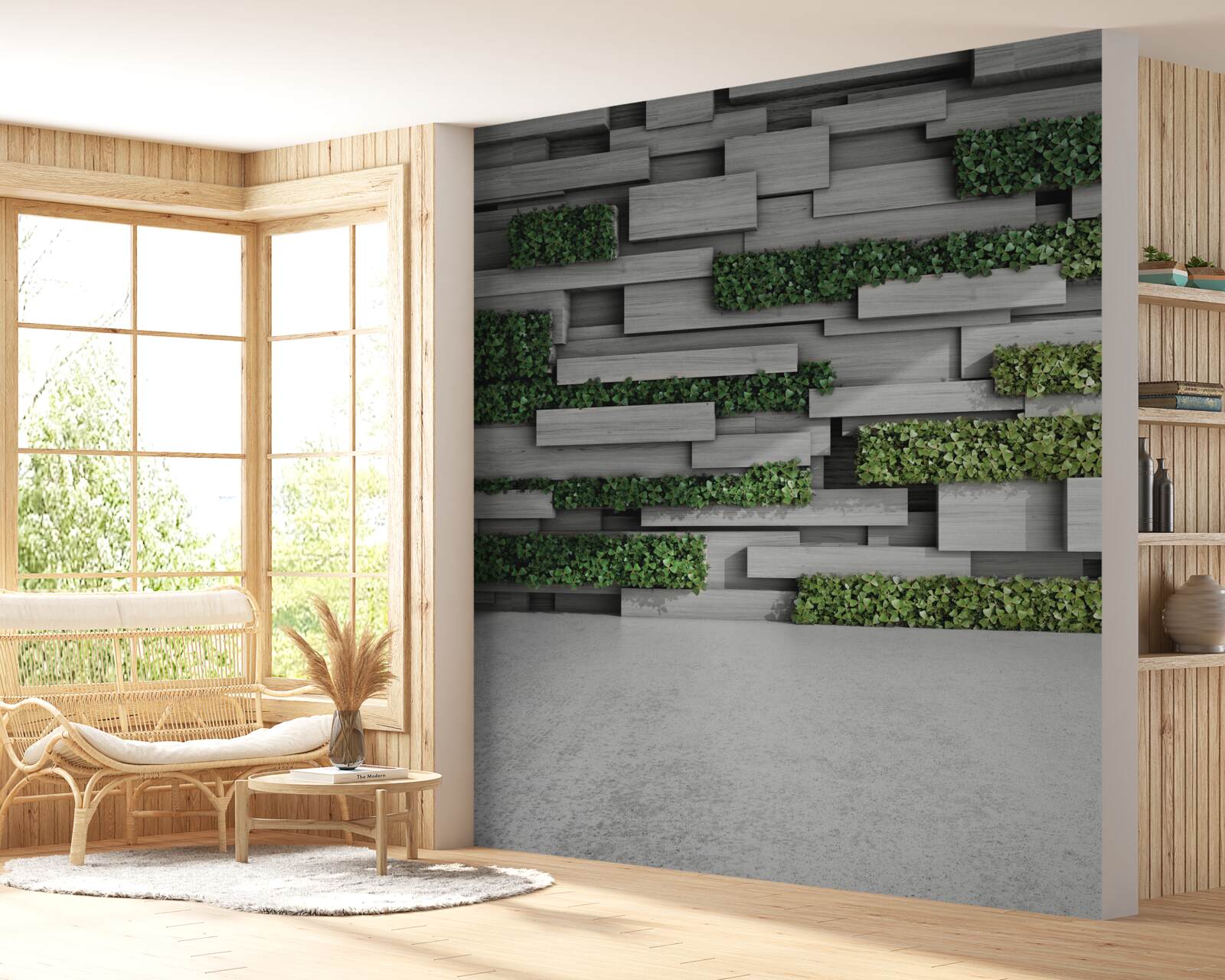 Fototapet perete de piatră decorat cu plante verzi