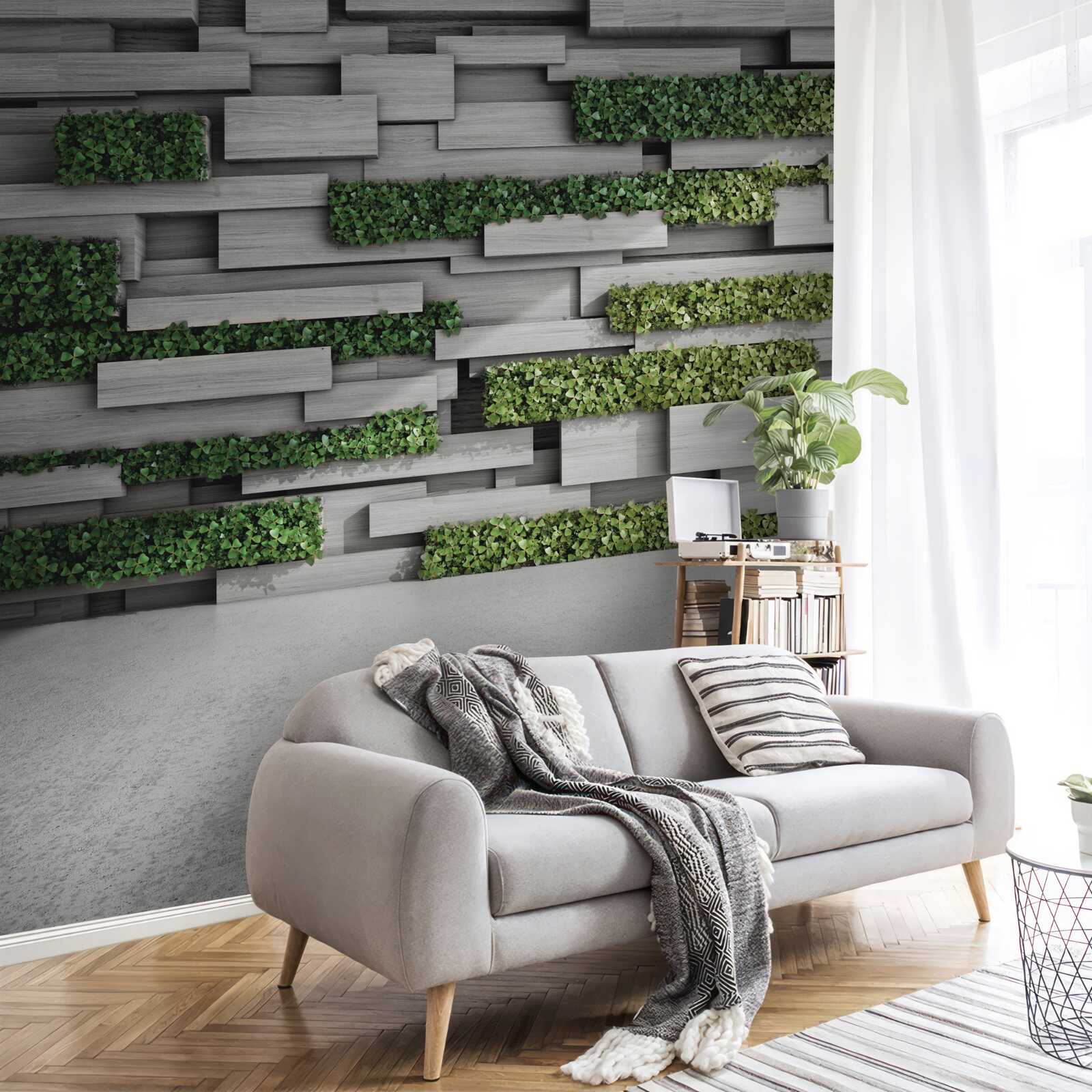 Fototapet perete de piatră decorat cu plante verzi