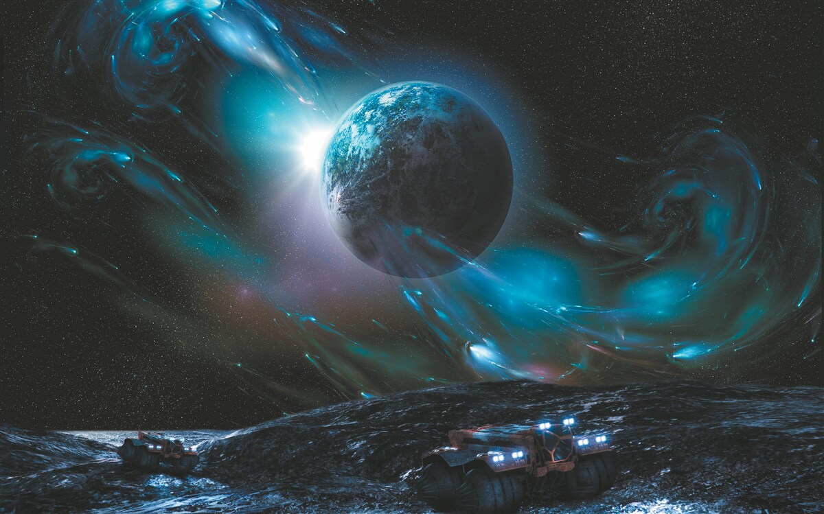 Fototapet noaptea, planeta este învăluită într-o ceață cosmică
