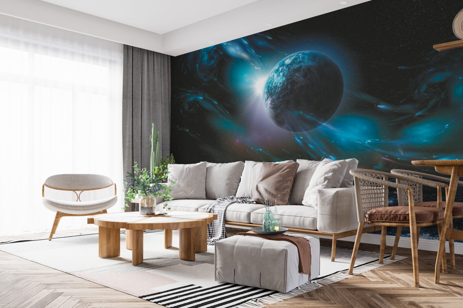 Fototapet noaptea, planeta este învăluită într-o ceață cosmică