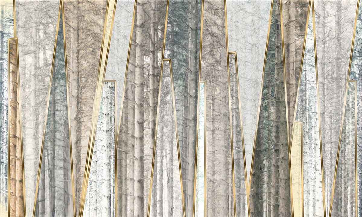 Fototapet o pădure cețoasă de copaci subțiri