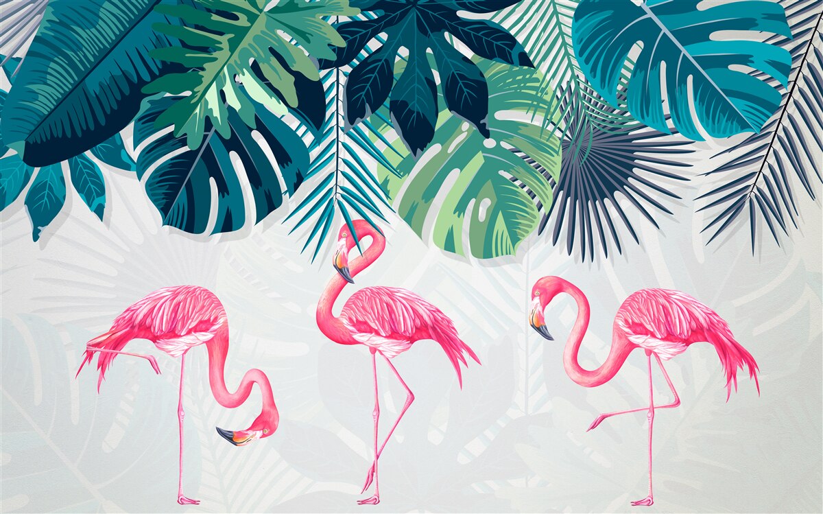 Fototapet păduri tropicale cu flamingo roz
