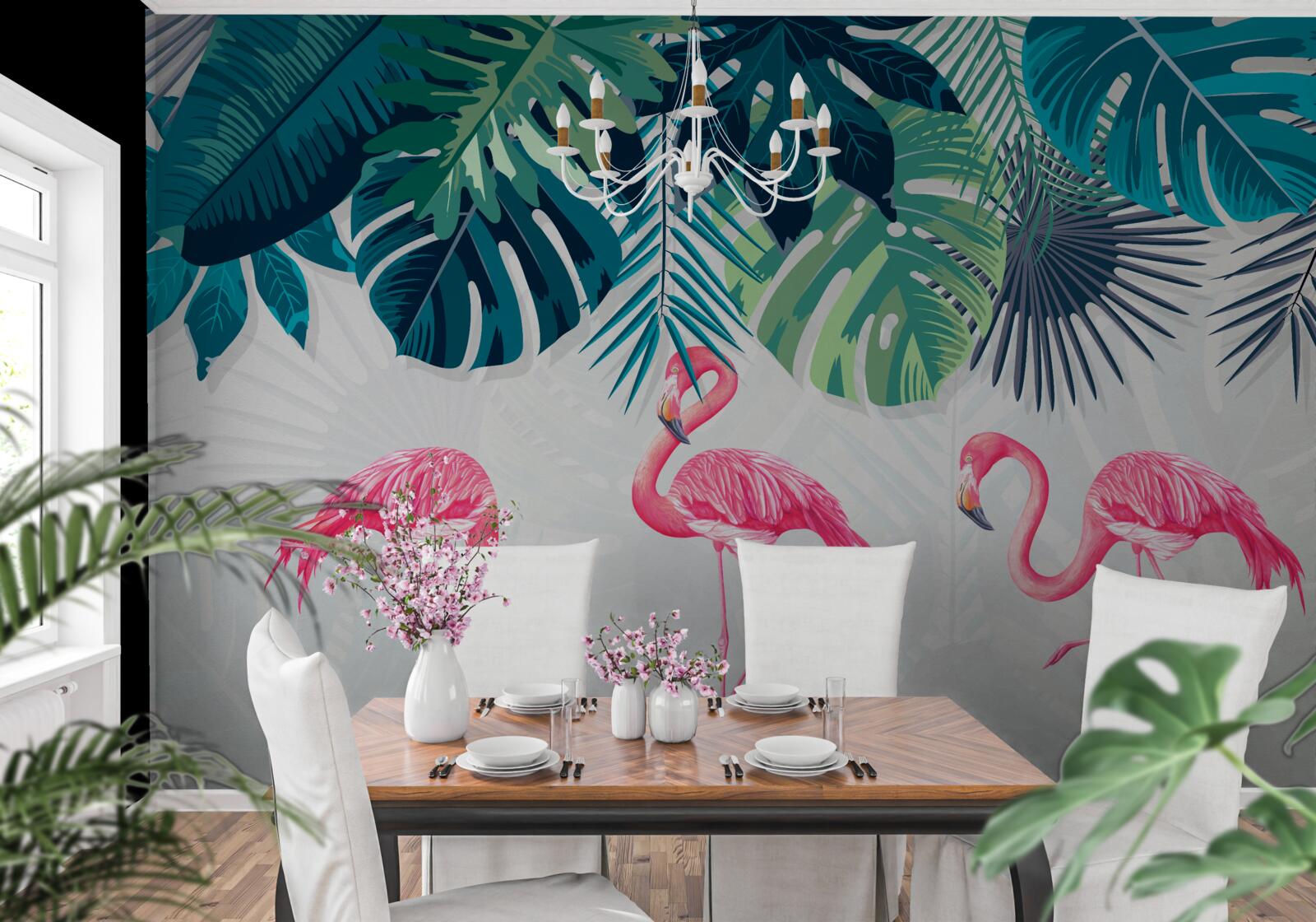Fototapet păduri tropicale cu flamingo roz