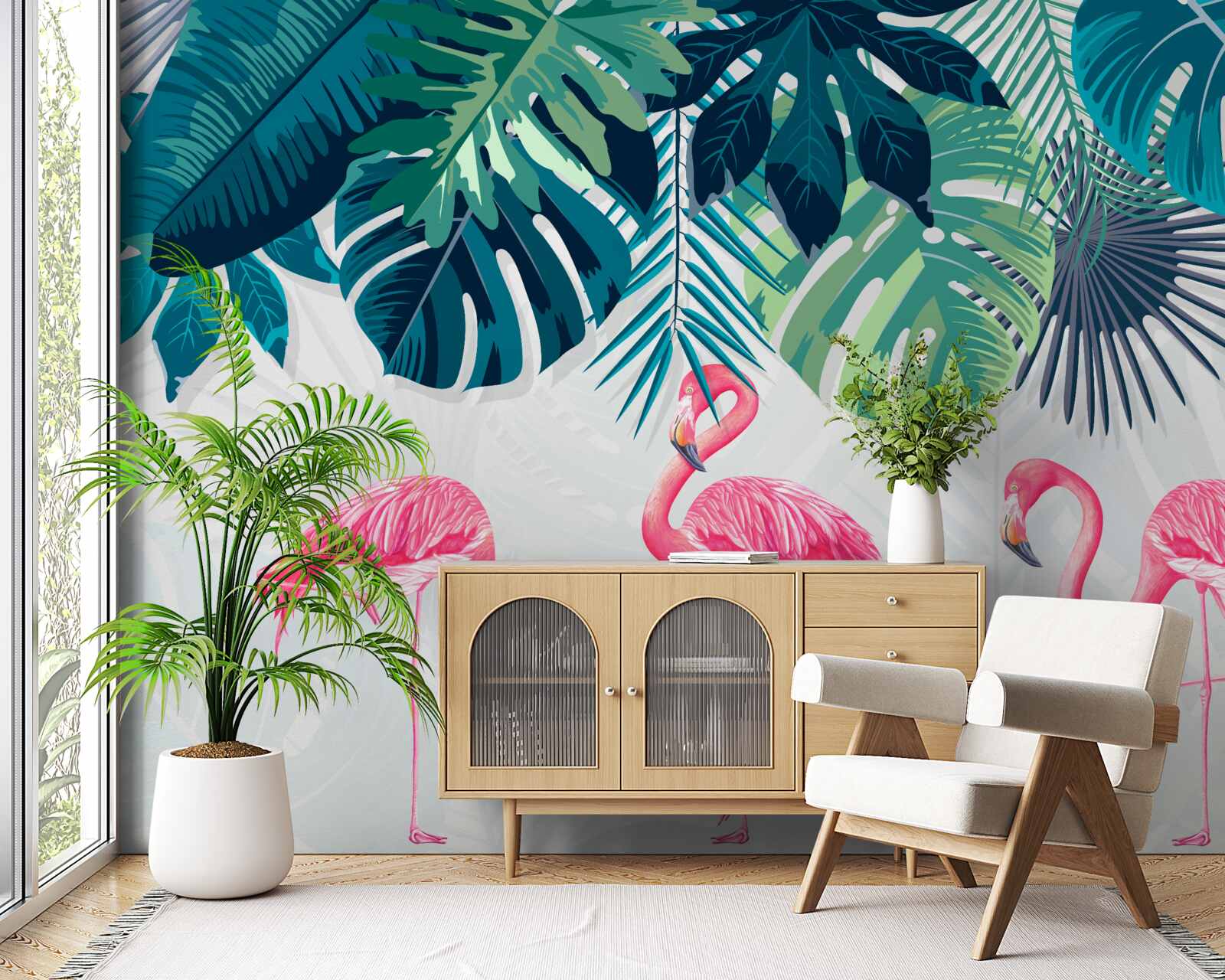 Fototapet păduri tropicale cu flamingo roz
