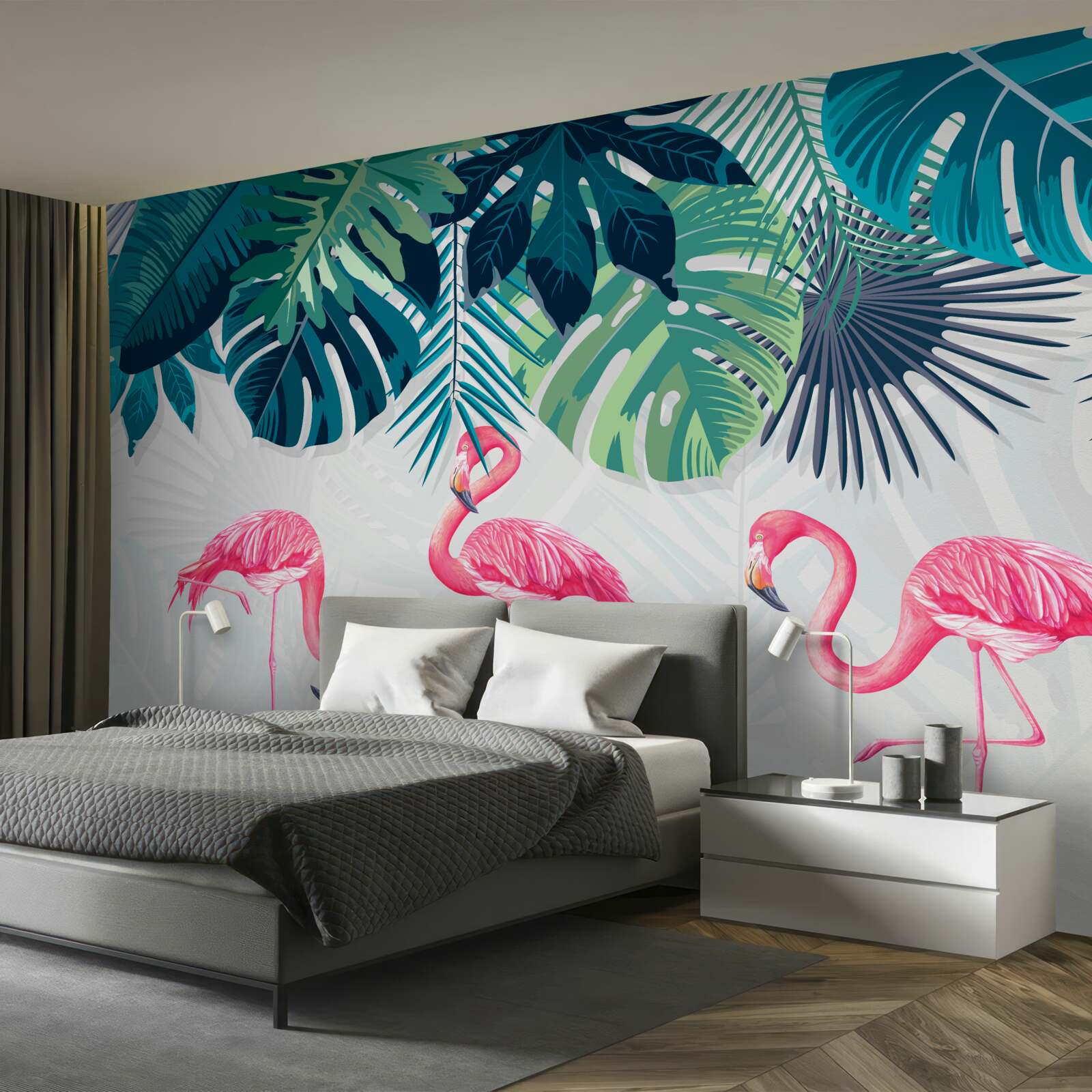 Fototapet păduri tropicale cu flamingo roz