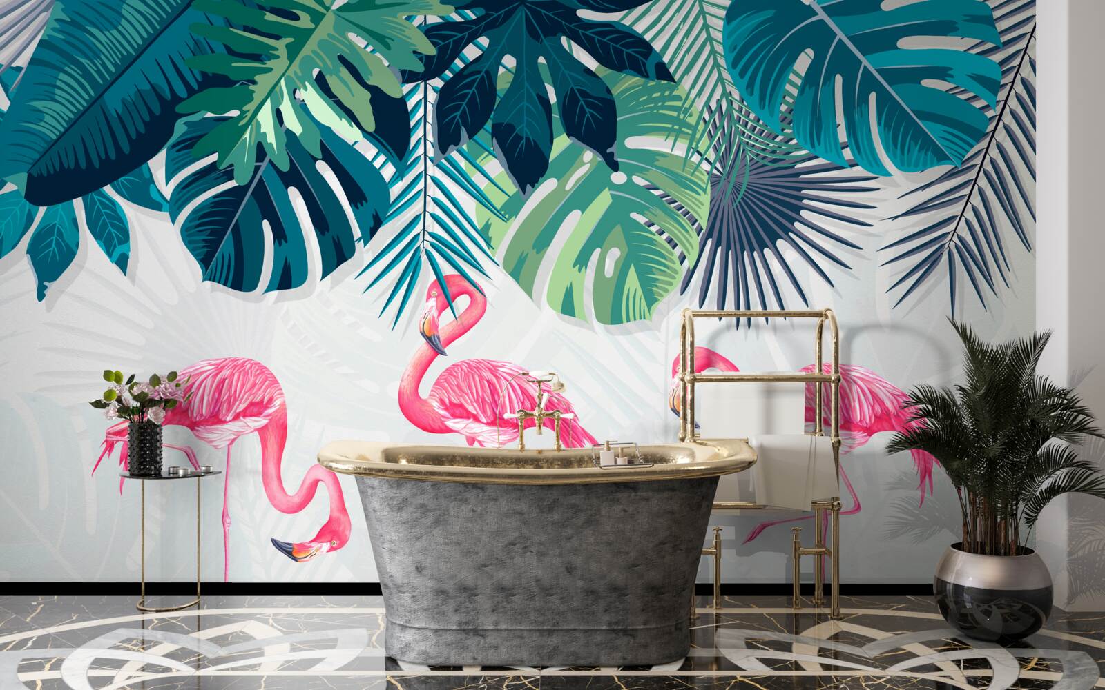 Fototapet păduri tropicale cu flamingo roz