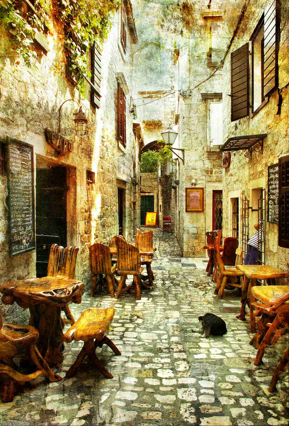 Fototapet cafenea cu o atmosferă confortabilă într-o zonă istorică a orașului