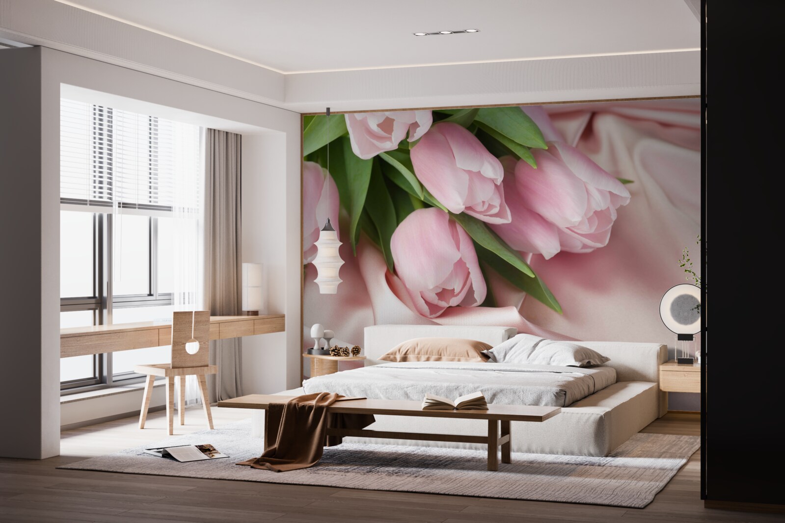 Fototapet mătase decorată cu lalele roz delicate