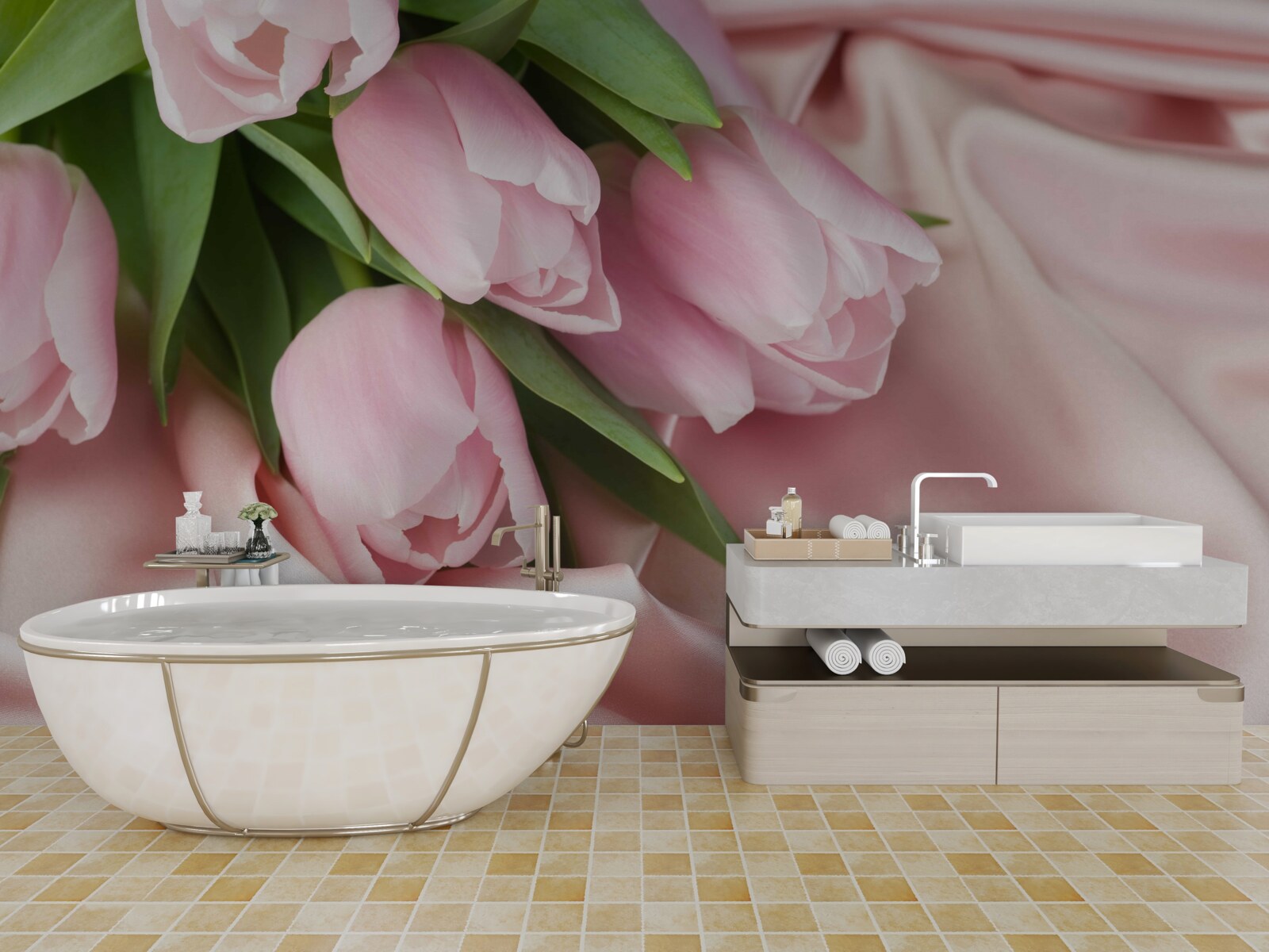 Fototapet mătase decorată cu lalele roz delicate