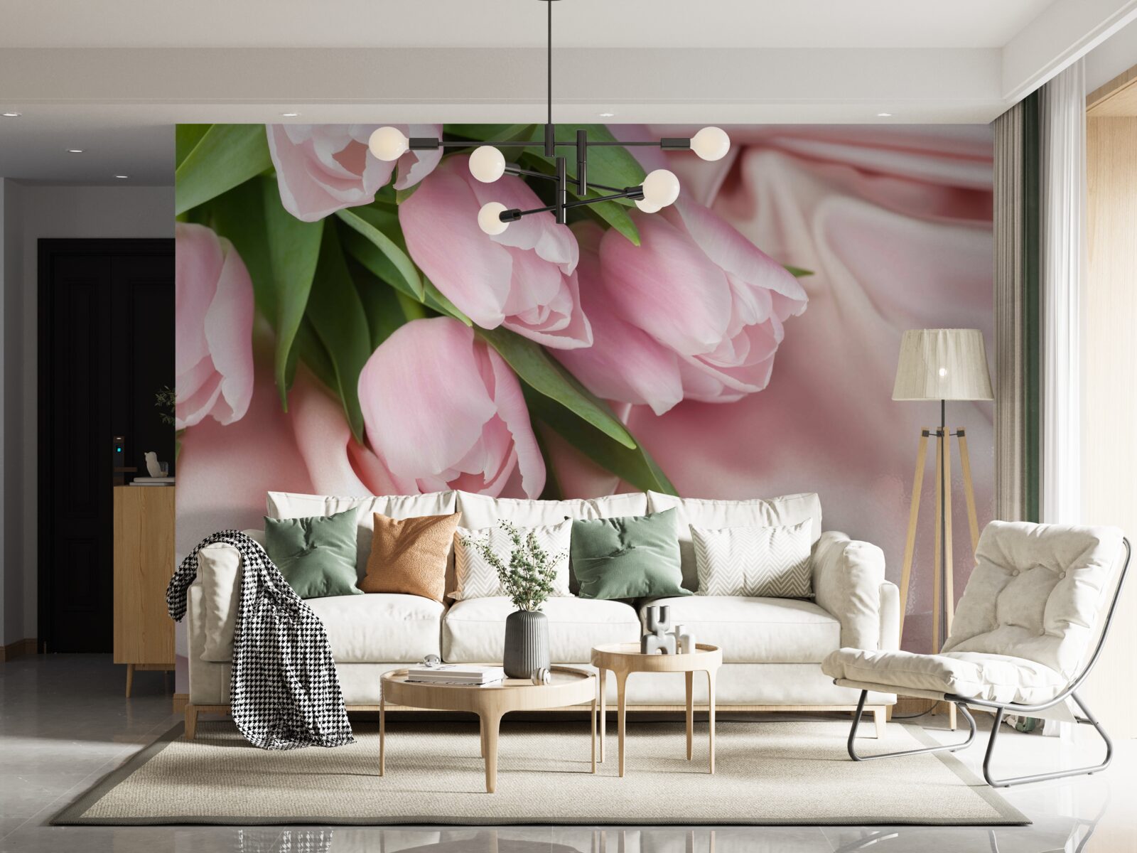 Fototapet mătase decorată cu lalele roz delicate