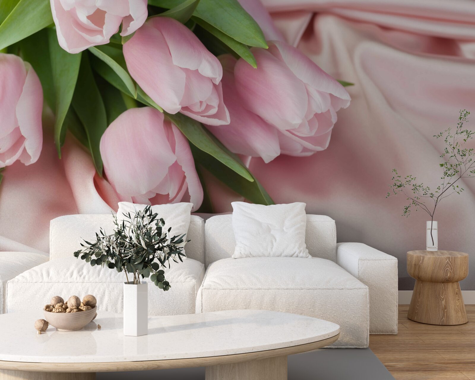 Fototapet mătase decorată cu lalele roz delicate