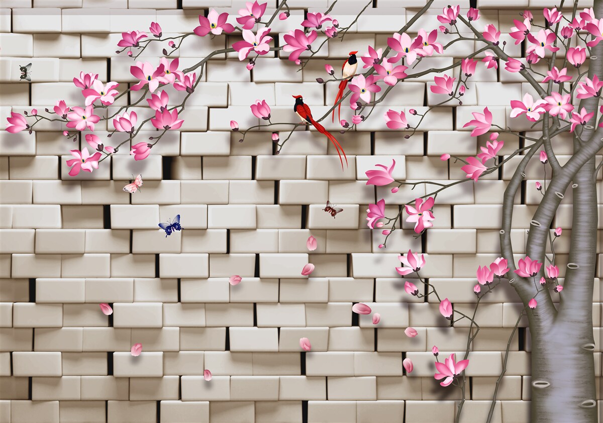 Fototapet sakura a înflorit pe un perete de cărămidă