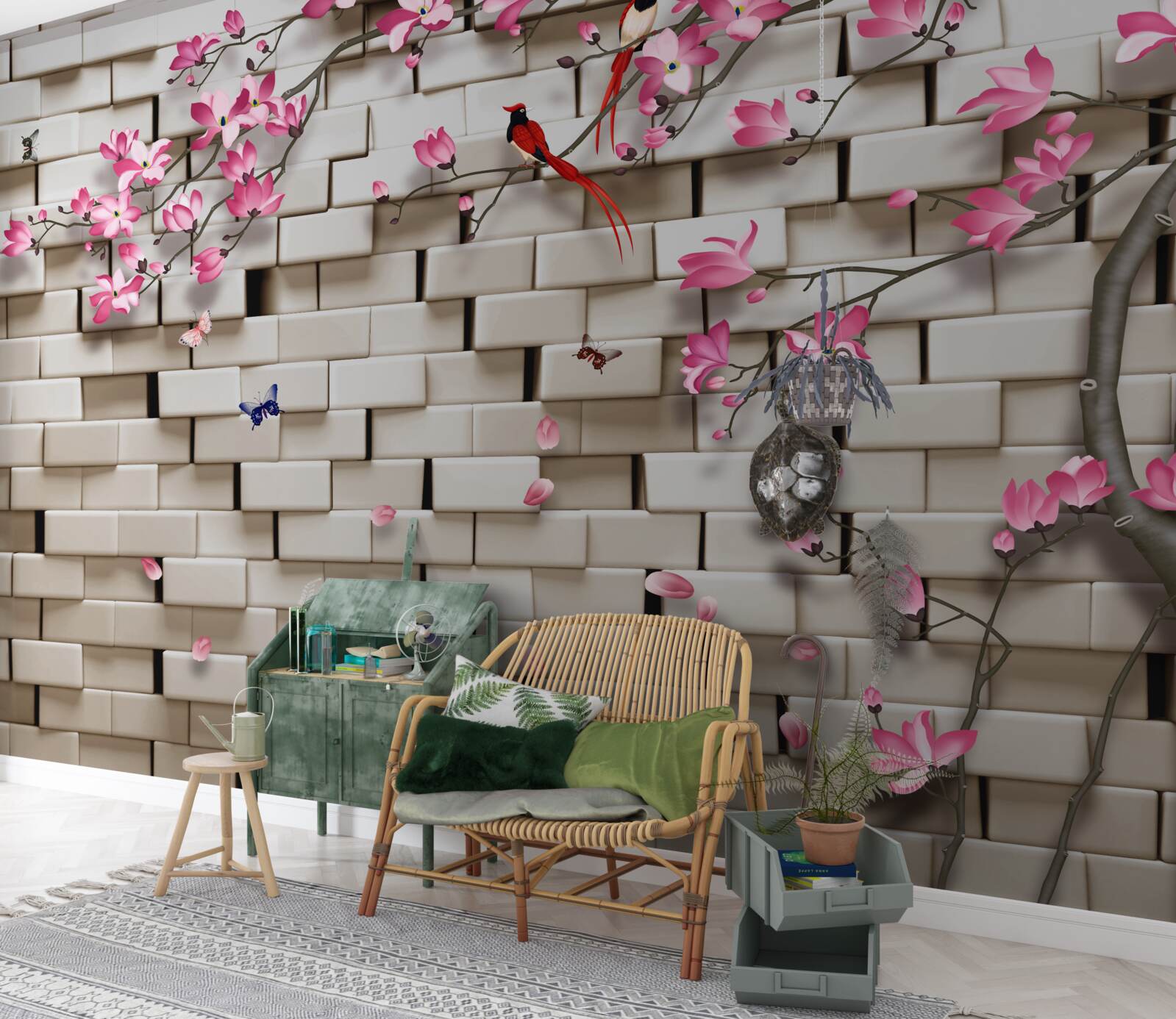 Fototapet sakura a înflorit pe un perete de cărămidă