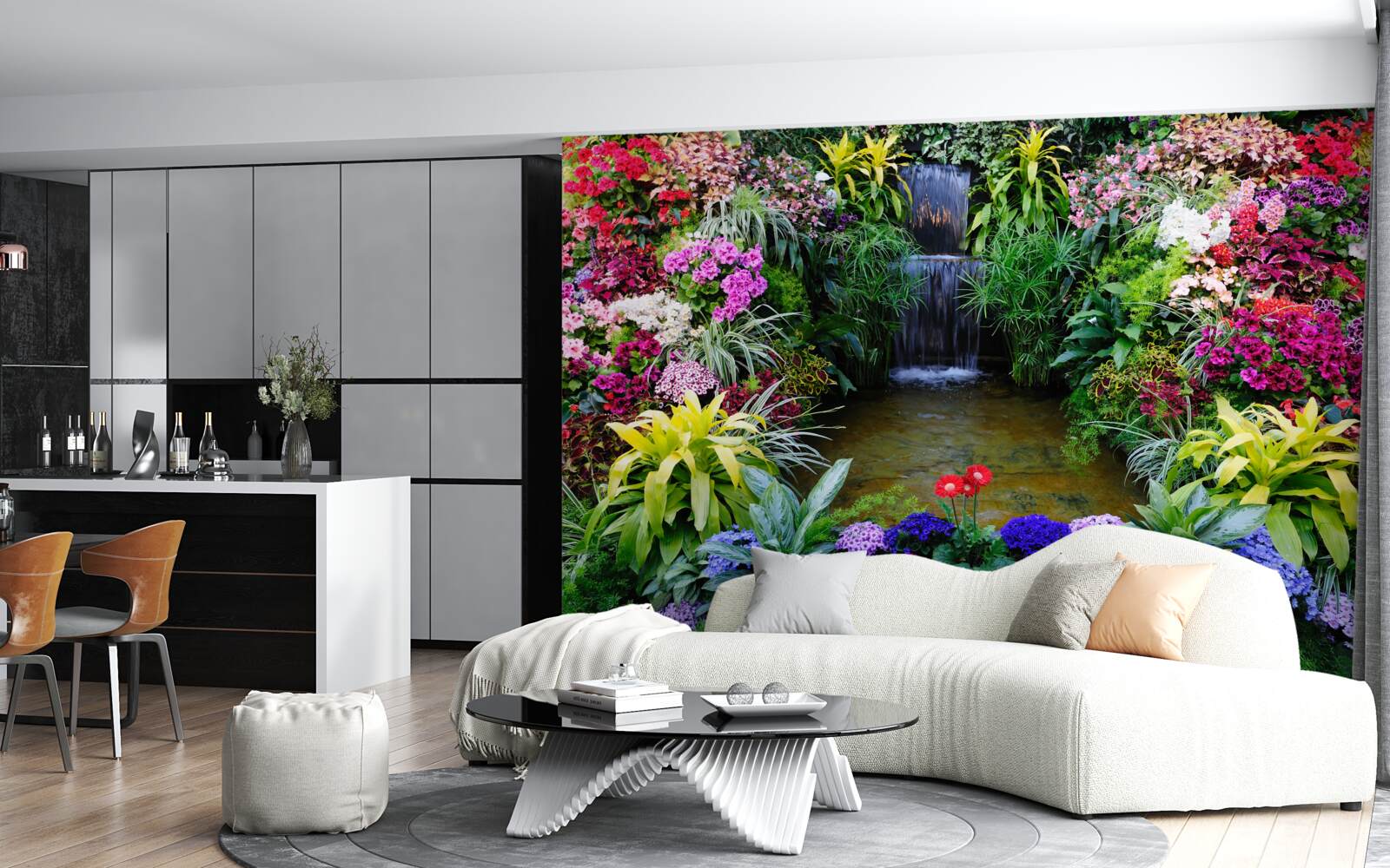 Fototapet flori tropicale lângă o cascadă de munte