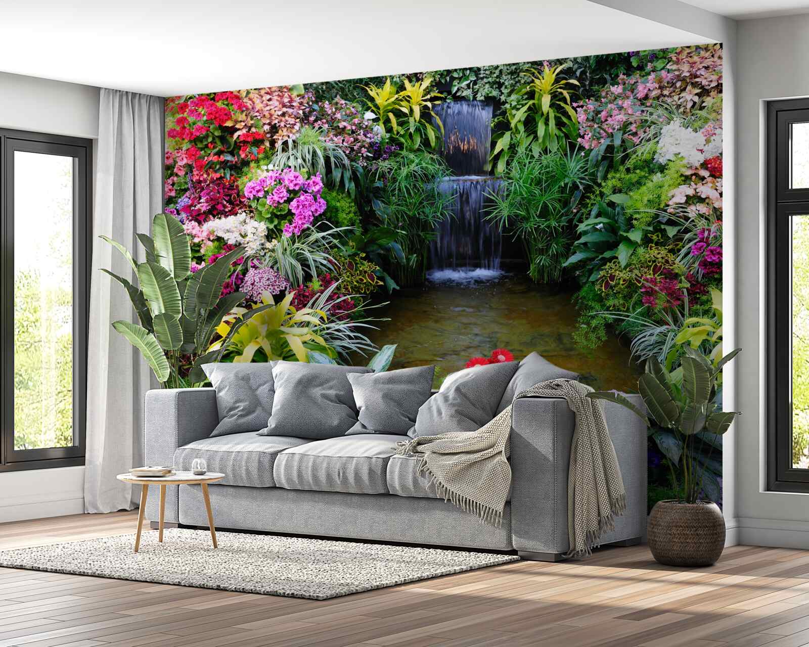 Fototapet flori tropicale lângă o cascadă de munte