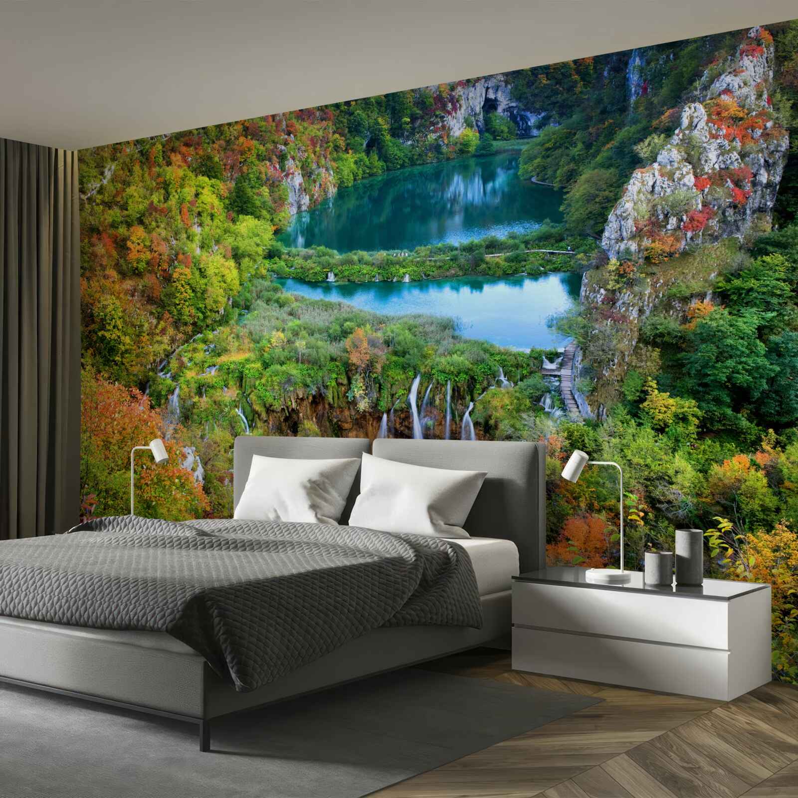 Fototapet pădure de toamnă decorată cu o cascadă curgătoare