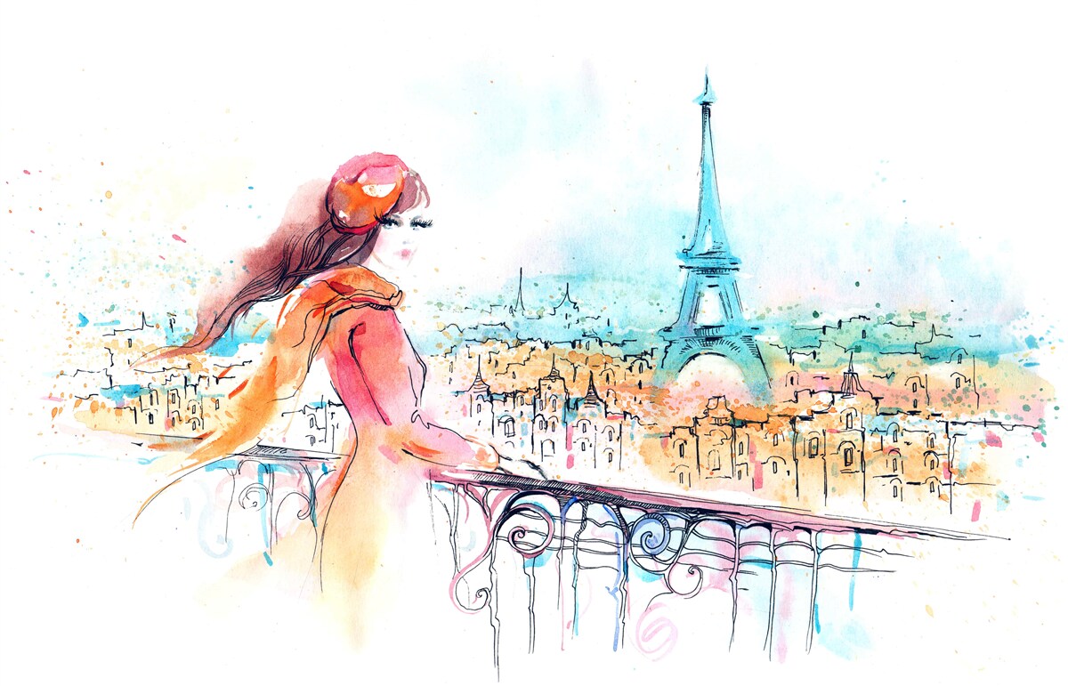 Fototapet fată plimbări prin acuarelă paris